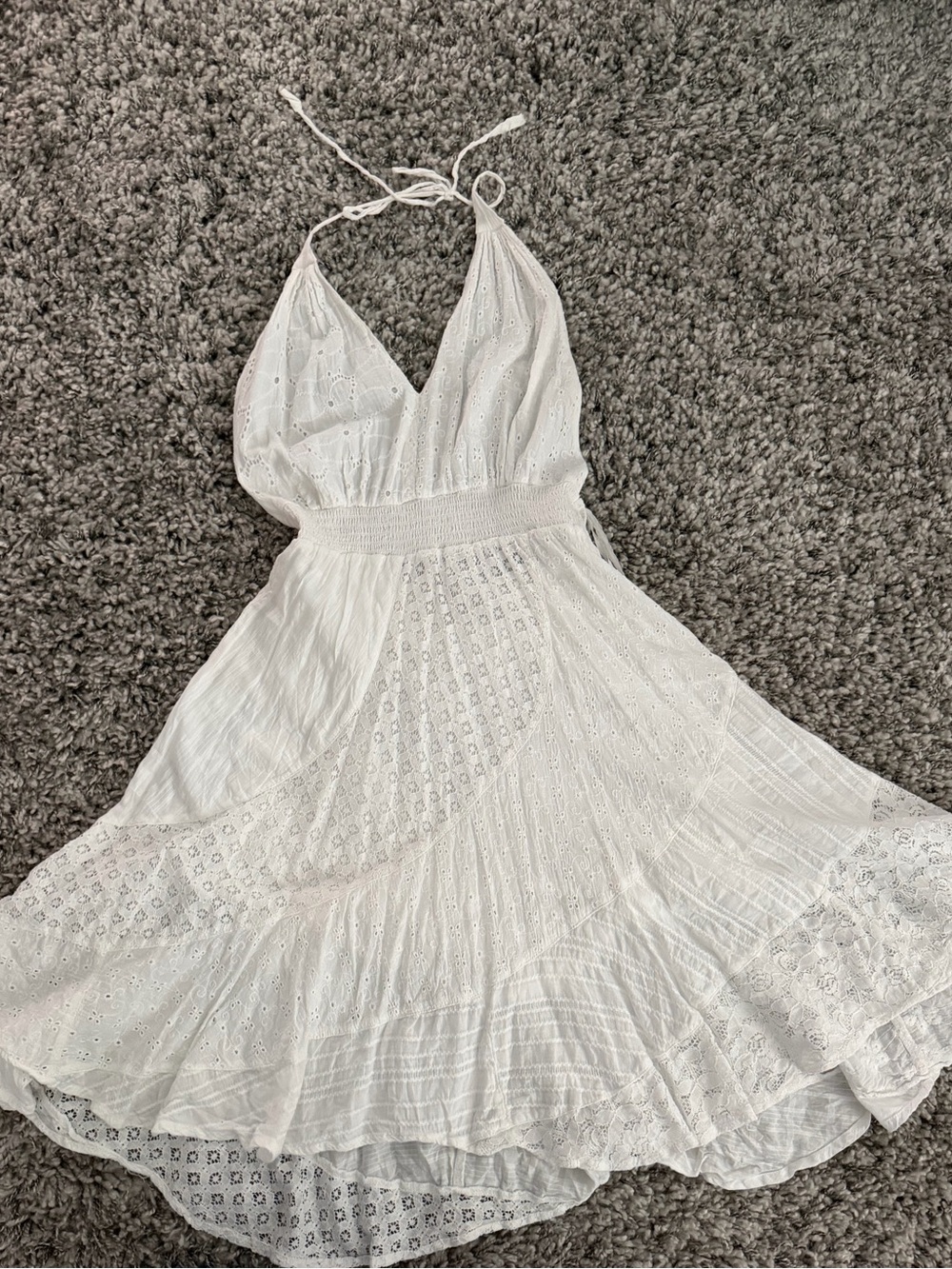 Backless White Halter Eyelet Midi Dress - Smocked Waist